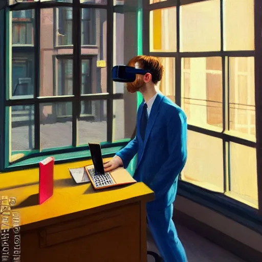 Prompt: A fine art painting of a man wearing Vr goggles dressed in tech wear and creating the metaverse at a desk through a window on a British street. In the style of Edward Hopper and Wes Anderson