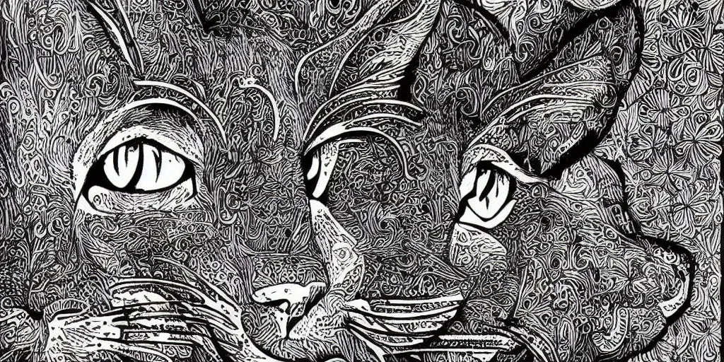 Image similar to cat doodle by visoth kakvei, black and white intricate detailed black ink illustration, sharp, charcoal art