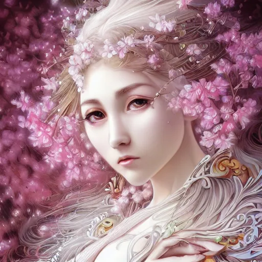 Image similar to a photograpic portrait of a anthropomorphic cherry - blossom wearing white clothes, fantasy, intricate, elegant, highly detailed, digital painting, artstation, concept art, smooth, sharp focus, illustration, art by artgerm and h r giger and alphonse mucha