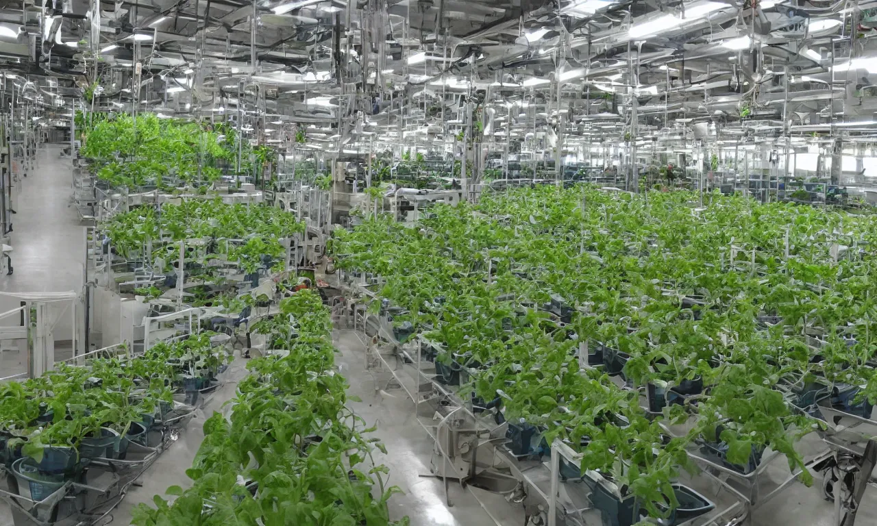 Image similar to small factory with automated hydroponics system with tomatoes, vegetable production, agriculture, bright, modern, robotic arms, technology