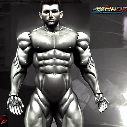 Image similar to a realistic detailed photo of a bodybuilder who is also a male android, Chris Redfield, shiny skin, posing robotically. blank stare