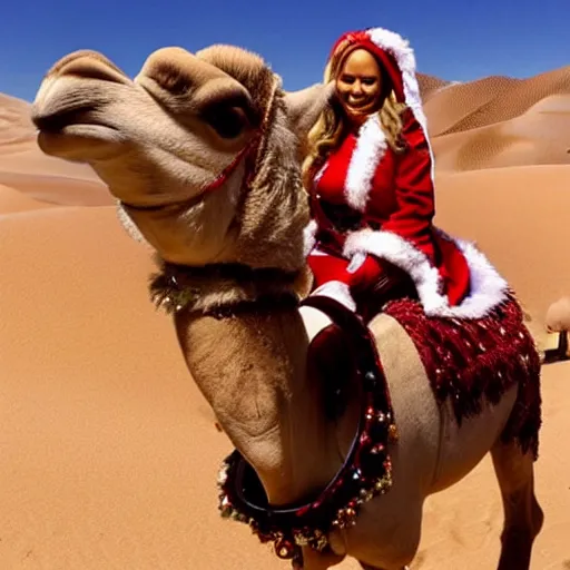 Prompt: mariah carey in a santa outfit while riding a camel in the desert