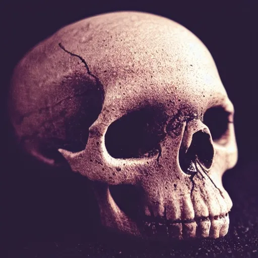 Image similar to a tiny human Skull, black background, close-up macro photography, bokeh, shallow focus