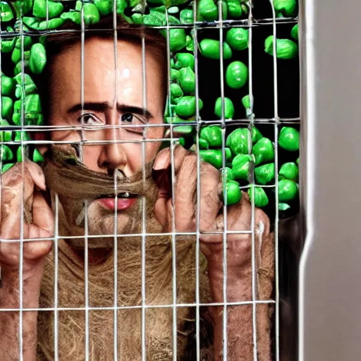 Image similar to nicolas cage trapped in a wicker cage with peas on his face, dying