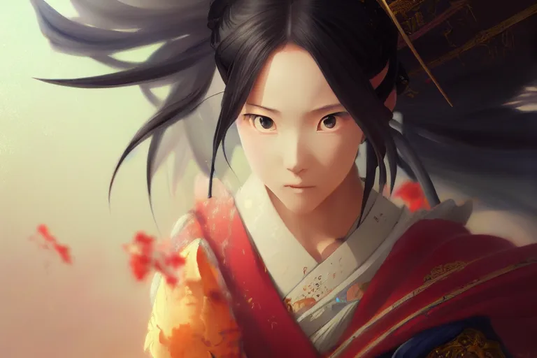 Image similar to baroque oil painting of anime key visual concept art of a samurai girl, very anime, stars vackground, trending on artstation, oil on canvas, style of makoto shinkai greg rutkowski studio ghibli