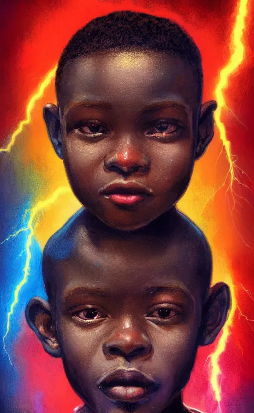 Prompt: colourful upper half portrait of a super african boy inside a group of clouds surrounded by bolts of lightning with rays of light emanating from clouds - in drew struzan movie poster style, art by drew struzan & hsiao - ron cheng, highly detailed, digital painting, ray tracing, illustration, smooth, sharp focus, intricate, symmetry, artstation,