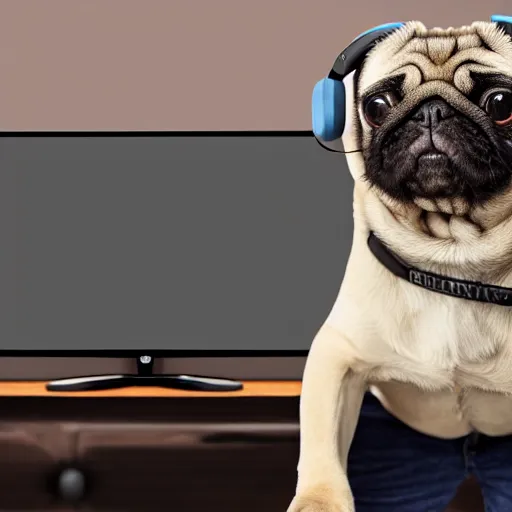 Image similar to pug wearing headphones, holding controller, intensely gaming on his TV