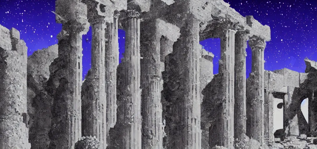 Image similar to The ruins of the Silver Millennium on the moon from Sailor Moon, digital painting, planet Earth in the distance, Greek-esque columns and ruins