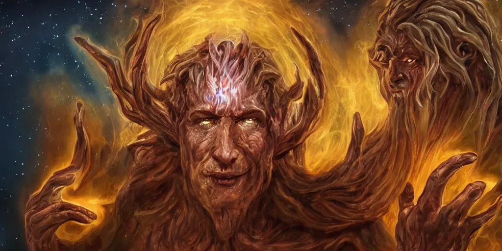 Prompt: Character portrait, face close up: Demiurge faceless god with four hands, Maker of Worlds.. Unique character. Centered in the scene. In the middle of the Universe. In the style of Samwise Didier