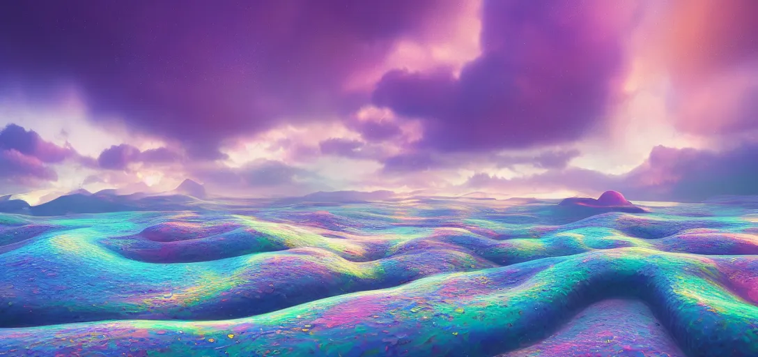 Image similar to surrealistic render of a candy landscape, sugar dust, colourful liquid river, iridescent cloudy skies, waves, reflections, refractions, caustics, dappled light, cinematic lighting, ultra detailed, sharp, ambient occlusion, raytracing, 3 d artstation render by greg rutowski, finnian macmanus and jessica rossier