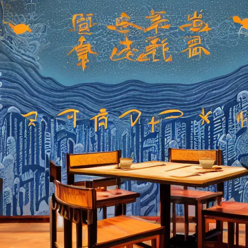 Image similar to a beautiful hyperdetailed interior 4 k hd wallpaper illustration of roasted string hotpot restaurant restaurant yan'an, wall corner, simple style, wall painting, from china, with merchant logo, simple structure, surrealistic, chinese style, victo ngai