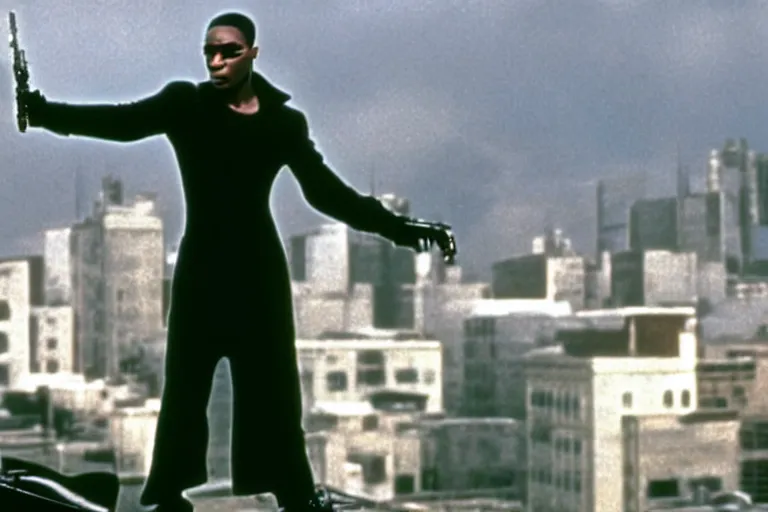 Prompt: film still of dwyane johnson as neo from the matrix standing on a roof top