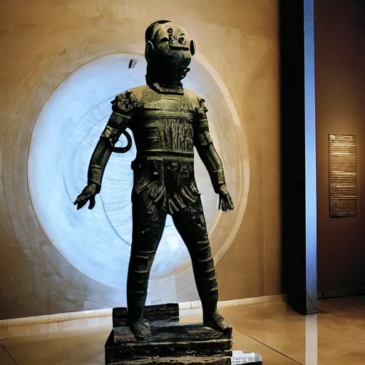 Prompt: futuristic ancient astronaut arrived through a portal, ancient statue in museum