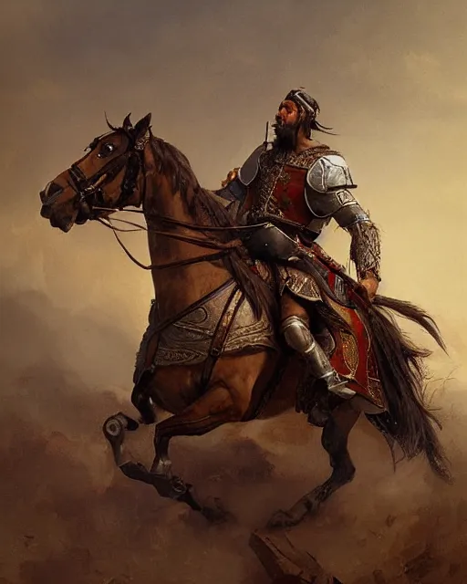 Image similar to portrait of a spanish conquistador in battle riding a horse, by daniel zrom and greg rutkowski, facial features, handsome