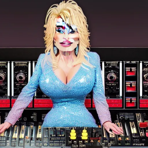 Prompt: picture of dolly parton playing modular synth with lots of wires, ultra realism, detailed, 8 k