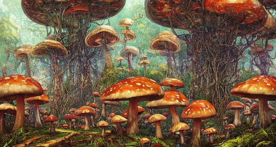 Image similar to A tribal village in a forest of giant mushrooms, by Android jones,