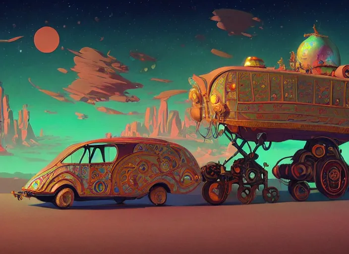 Image similar to a luminescent gypsy caravan by paolo eleuteri serpieri and tomer hanuka and chesley bonestell and daniel merriam and tomokazu matsuyama, unreal engine, high resolution render, featured on artstation, octane, 8 k, highly intricate details, vivid colors, vector illustration