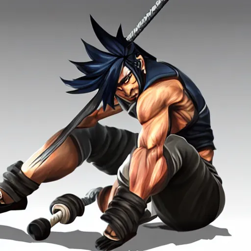 Image similar to Yasuo from League of Legends doing crunches, photorealistic, highly detailed