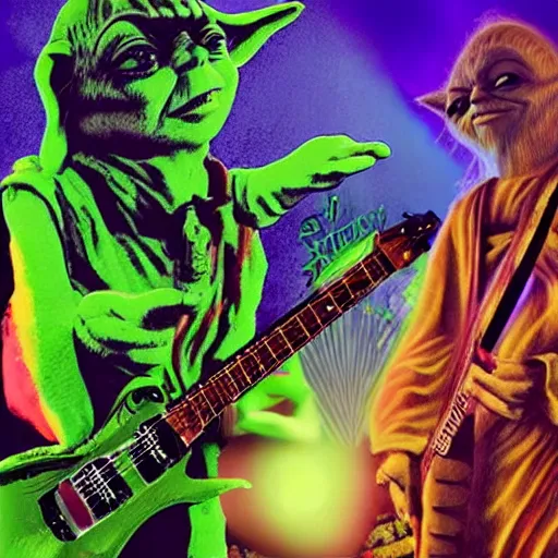 Prompt: a band playing at woodstock with yoda as a lead singer a guitarist who is also yoda, and two guitarists who are also yoda, hyper realistic, 8k, photograph