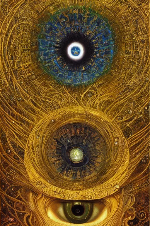Prompt: Divine Machinery of Fate by Karol Bak, Jean Deville, Gustav Klimt, and Vincent Van Gogh, enigma, destiny, unearthly gears, otherworldly, fractal structures, arcane, prophecy, ornate gilded medieval icon, third eye, spirals