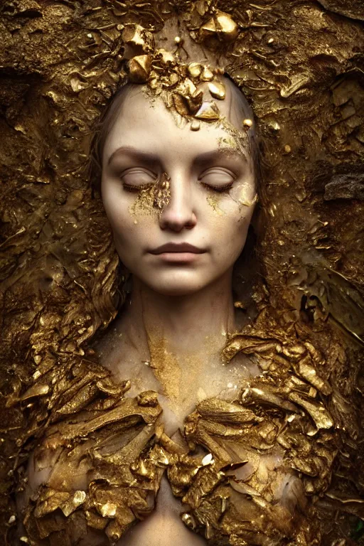 Prompt: portrait photo of a surreal goddess floating in the middle of a ancient wood, ((gold raining in the background)), ultra super good realistic 3D render by Pete Morbacher and Emil Melmoth, insanely detailed, trending on artstation, sharp focus