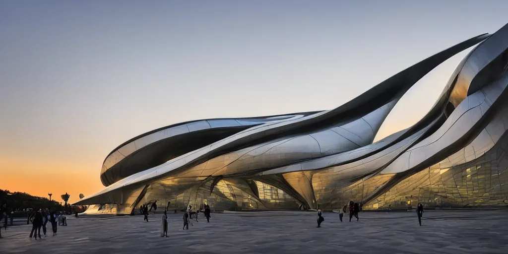 Image similar to extremely elegant smooth detailed stunning sophisticated beautiful elegant futuristic museum exterior by Zaha Hadid, Milan buildings in the background, smooth curvilinear design, stunning volumetric light, stainless steal, concrete, translucent material, beautiful sunset, tail lights