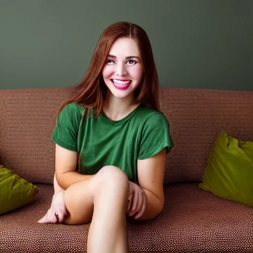 Image similar to a cute young woman smiling, long shiny bronze brown hair, full round face, green eyes, medium skin tone, light cute freckles, smiling softly, wearing casual clothing, relaxing on a modern couch, interior lighting, cozy living room background, medium shot, mid-shot, soft focus