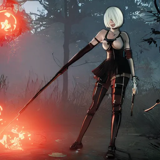 Image similar to Screenshot of 2B (Nier Automata) as a survivor in Dead By Daylight