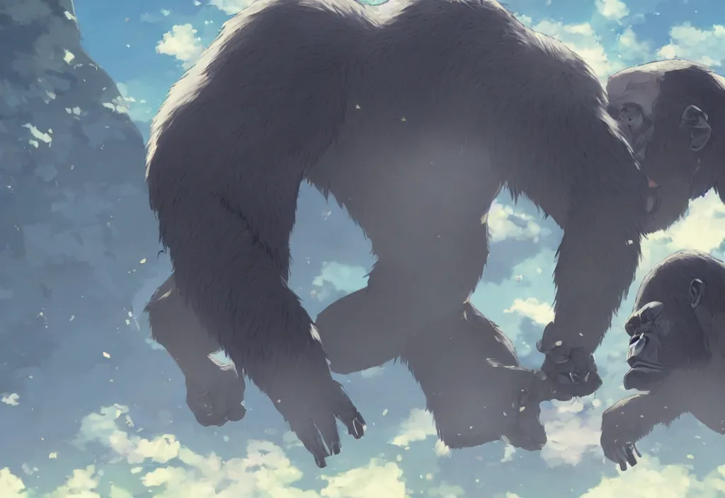 Prompt: a gigantic silverback gorilla beating its chest, by Makoto Shinkai, beautiful