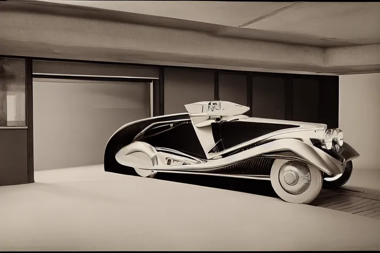 Image similar to single futuristic duesenberg model sj concept, inside of a minimalist Tokyo garage, ektachrome photograph, volumetric lighting, f8 aperture, cinematic Eastman 5384 film