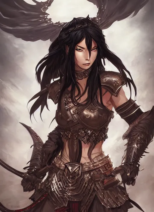 Image similar to beautiful warrior lady, black long hair, practical armor, brown skin, demonic eyes, low fantasy, extremely detailed, sharp focus, smooth, digital illustration, by rossdraws, frank franzzeta, sakimichan