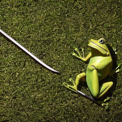 Prompt: a beautiful photo of singular frog cutting grass with a scythe, trending on artstation