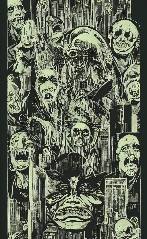 Image similar to cursed with necronomicon horrorcore cel animation poster depicting i don't know, intricate faces, metropolis, 1 9 5 0 s movie poster, post - processing, vector art