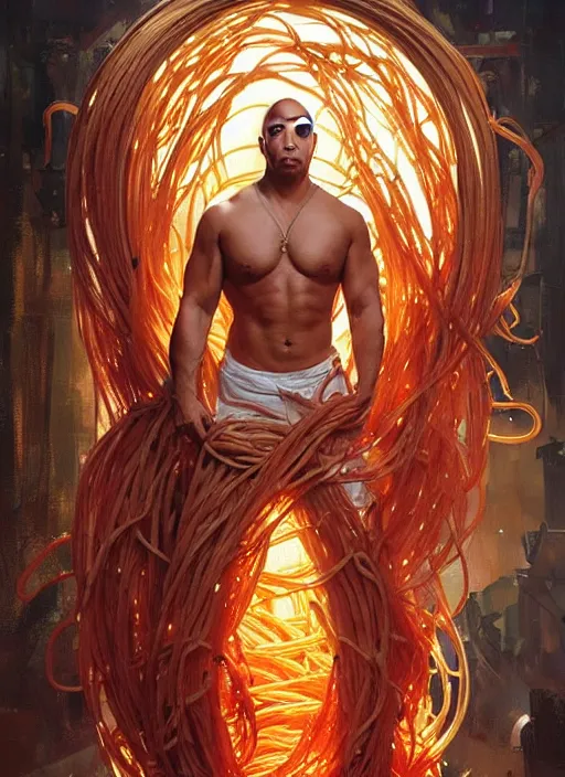 Image similar to vin diesel covered in spaghetti, painting by artgerm and greg rutkowski and alphonse mucha