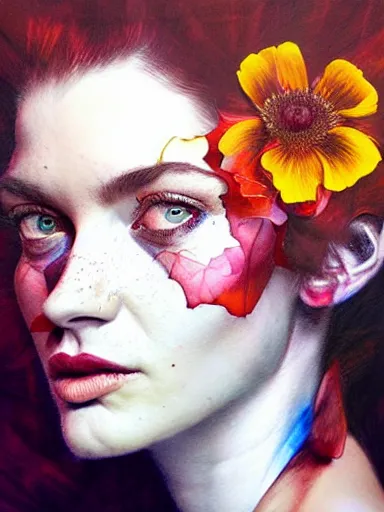 Prompt: double exposure, portrait of florence jones with a floral background : : painted by artgerm, karol bak, artur bordalo, sandra chevrier : : portrait, character, illustration, hyperrealism, photorealism