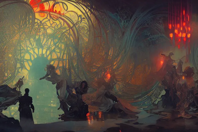 Image similar to arcs of flame intertwined with arcs of water, shards of mercury, dramatic lighting, cyberpunk neon, secret cypher, red flowers, solar flares, intricate art by alphonse mucha and greg rutkowski