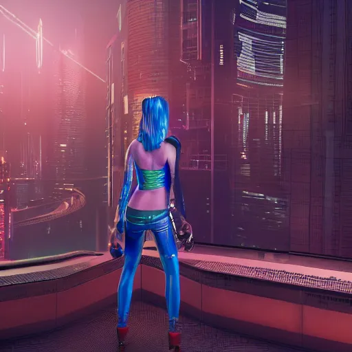 Image similar to the cyberpunk girl in downtown future city, render, octane, 4k, highly detailed, vivid colors, high definition