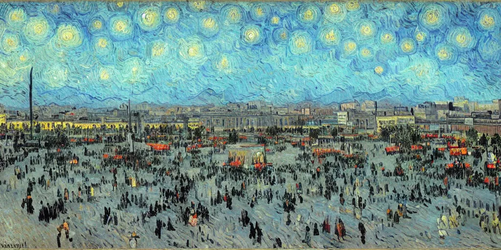 Image similar to painting of azadi square, tehran, early morning, cloudy, by van gogh