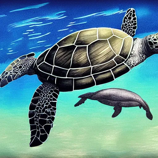 Image similar to a turtle on a whale, photorealistic