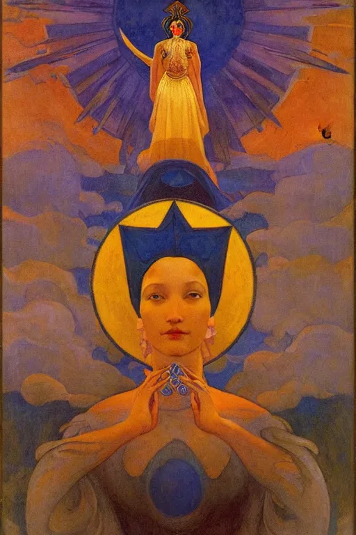 Image similar to queen of the sun and moon and stars by Nicholas Roerich and Annie Swynnerton and Diego Rivera and jean delville, dramatic cinematic lighting , ornate headdress , flowing robes, sacred artifacts, lost civilizations, smooth, sharp focus, extremely detailed