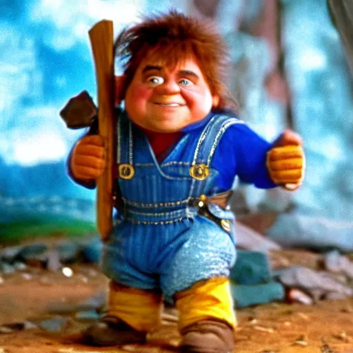 Image similar to a pudgy dwarf wearing blue overalls with a pocketful of gems holding a pickax, high resolution film still, HDR color, movie by Wolfgang Petersen and Peter Jackson