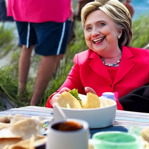 Prompt: hillary clinton eating a taco at the beach