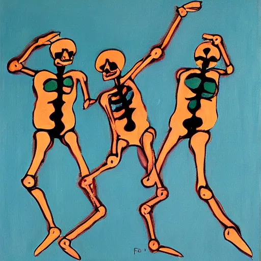 Image similar to dancing skeletons inspired by matisse dancers, painted by francis bacon,