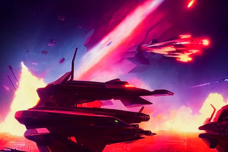 Prompt: concept art of Attack ships on fire off the shoulder of Orion by john harris and liam wong, matte, masterpiece, atmospheric, wide angle shot