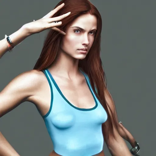 Image similar to photo of a gorgeous caucasian female with long brown hair with light blue ends in the style of stefan kostic, tank top, visor, realistic, cyberpunk, body shot, sharp focus, 8 k high definition, insanely detailed, intricate, elegant, art by stanley lau and artgerm, floating embers