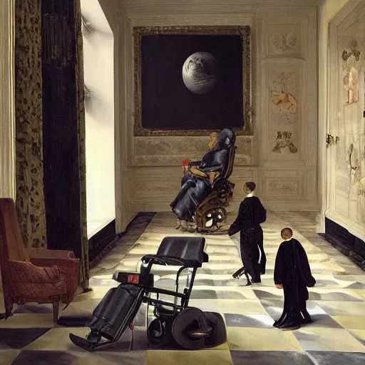 Image similar to walking down the catwalk, stephen hawking in an exoskeleton suit, sci - fi painting by pieter claesz and james c. christensen