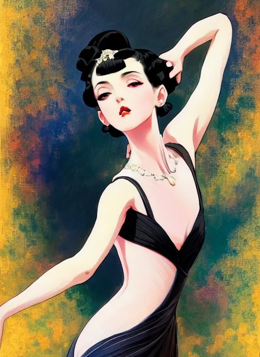 Image similar to a beautiful dancer with black hair in 1920's fashion, ballroom background, intricate, highly detailed, digital painting, artstation, official media, anime key visual, concept art, rich vivid colors, ambient lighting, sharp focus, illustration, art by Artgerm, Makoto Shinkai, Ilya Kuvshinov, Lois Van Baarle, and Rossdraws