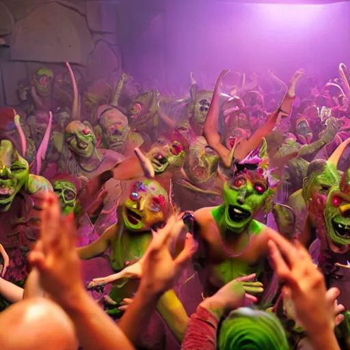 Prompt: goblins partying at a rave, green skin, mosh pit, goblin dance club, octane render, 8 k, fantasy