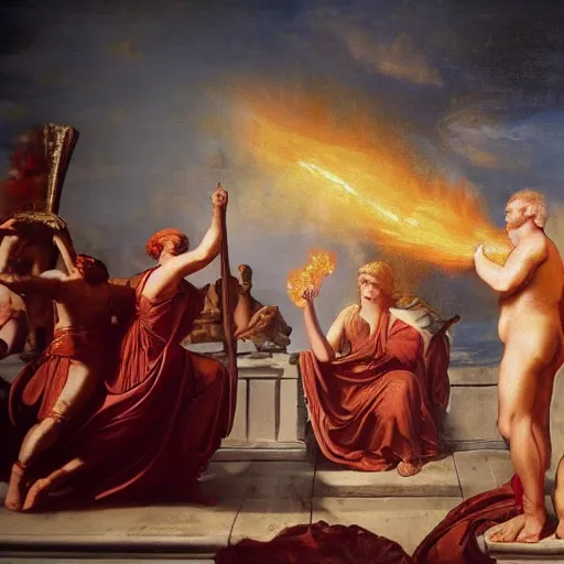 Image similar to emperor nero setting rome on fire, old master painting, ultra realistic details, 8 k