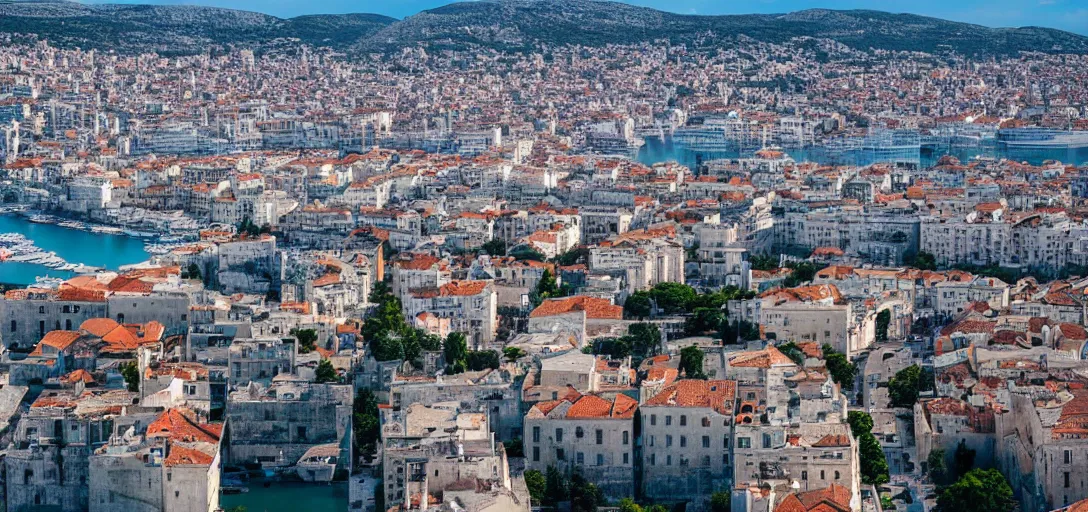 Prompt: landscape photo of split, croatia, futuristic, far future, big towers, skyscrapers, photorealistic